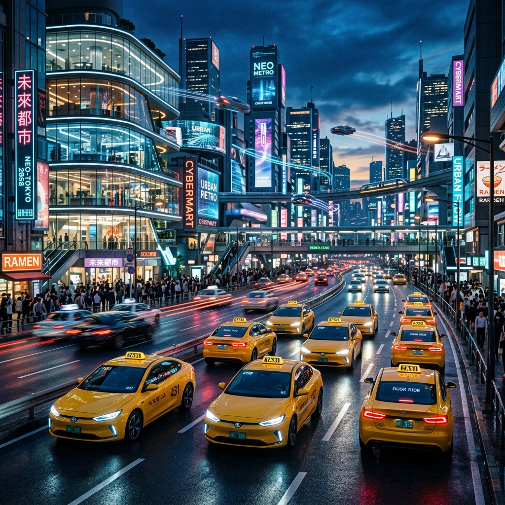Fleet of taxis at dusk